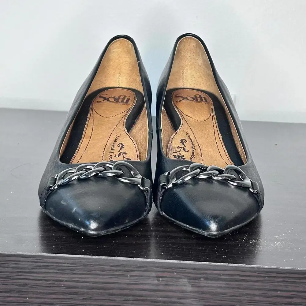 Sofft Black Wedge Leather Pointed Toe with chain details Women's size 7‎